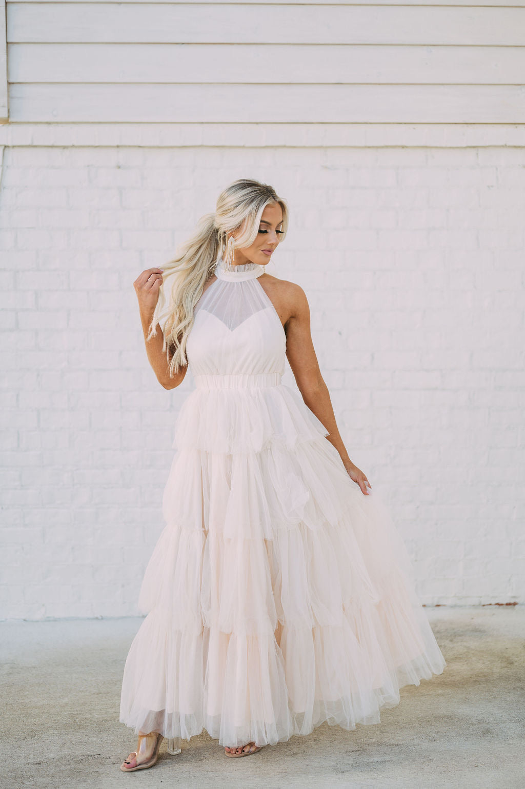 Tiered Tulle Maxi Dress-Cream