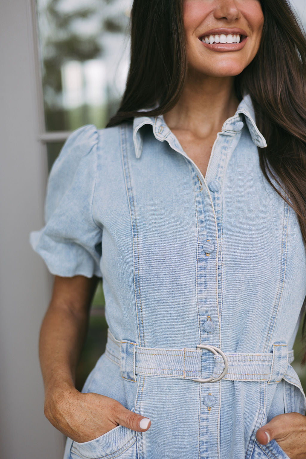 Belted Puff Sleeve Denim Dress