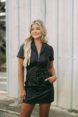 Faux Leather Zip Up Belted Dress-Black