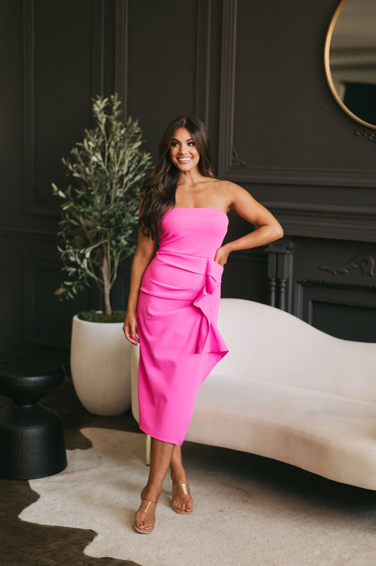 Ruffled Strapless Midi Dress-Hot Pink