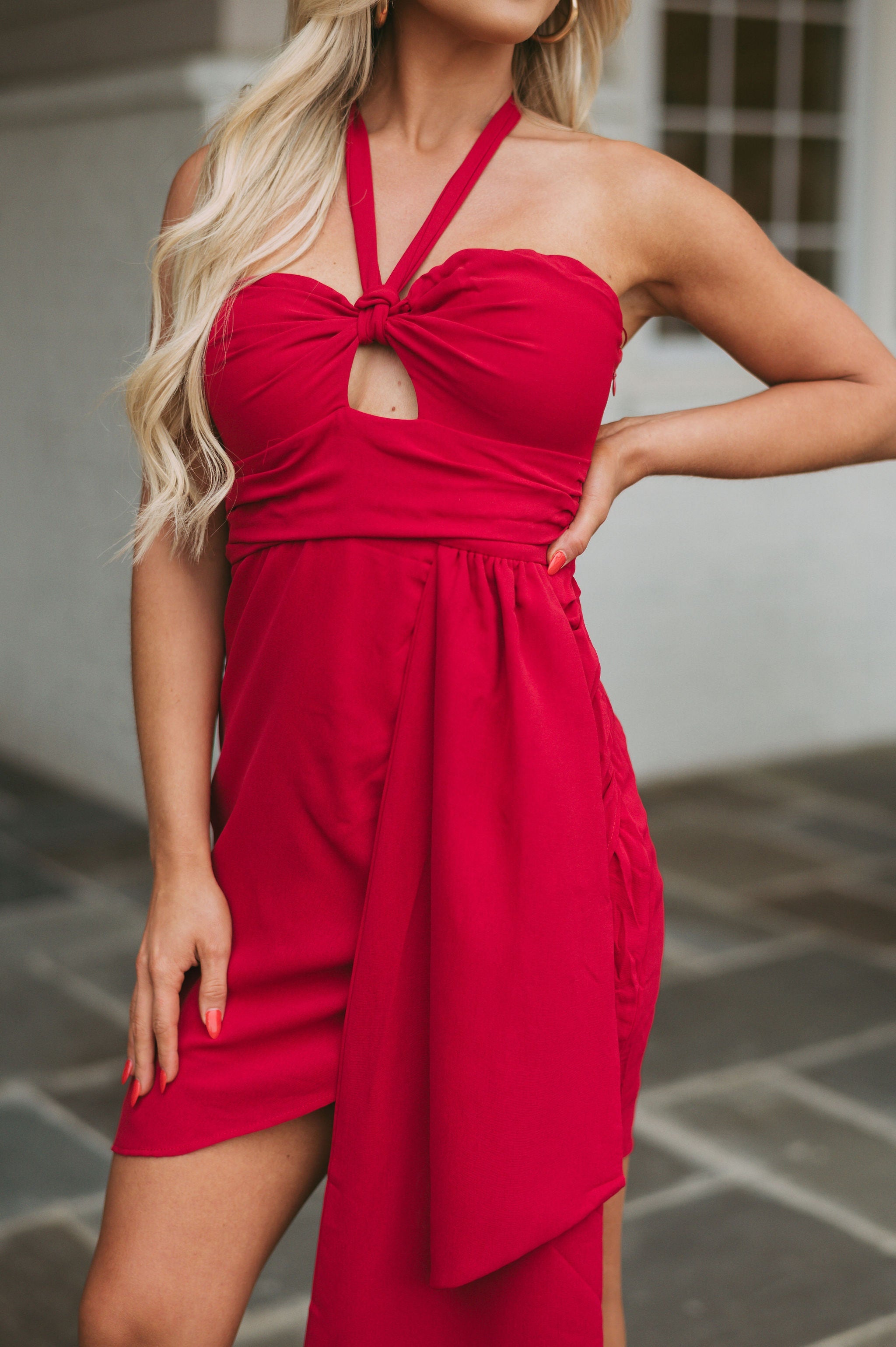 Sash Accented Halter Dress-Deep Red