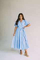 Puff Sleeve Midi Wrap Dress-Blue