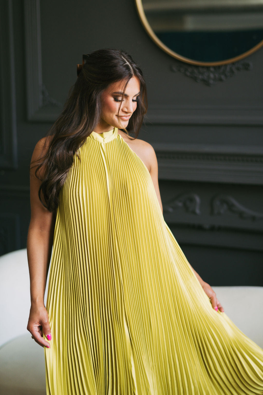 Halter Neck Pleated Midi Dress Chartreuse