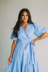 Puff Sleeve Midi Wrap Dress-Blue