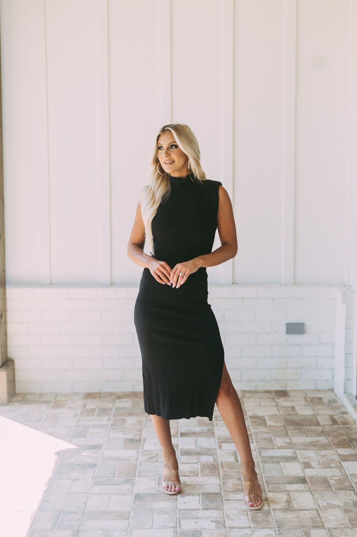 Ribbed Mock Neck Slit DressBlack