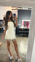 Rhinestone Hem Draped Dress-Cream