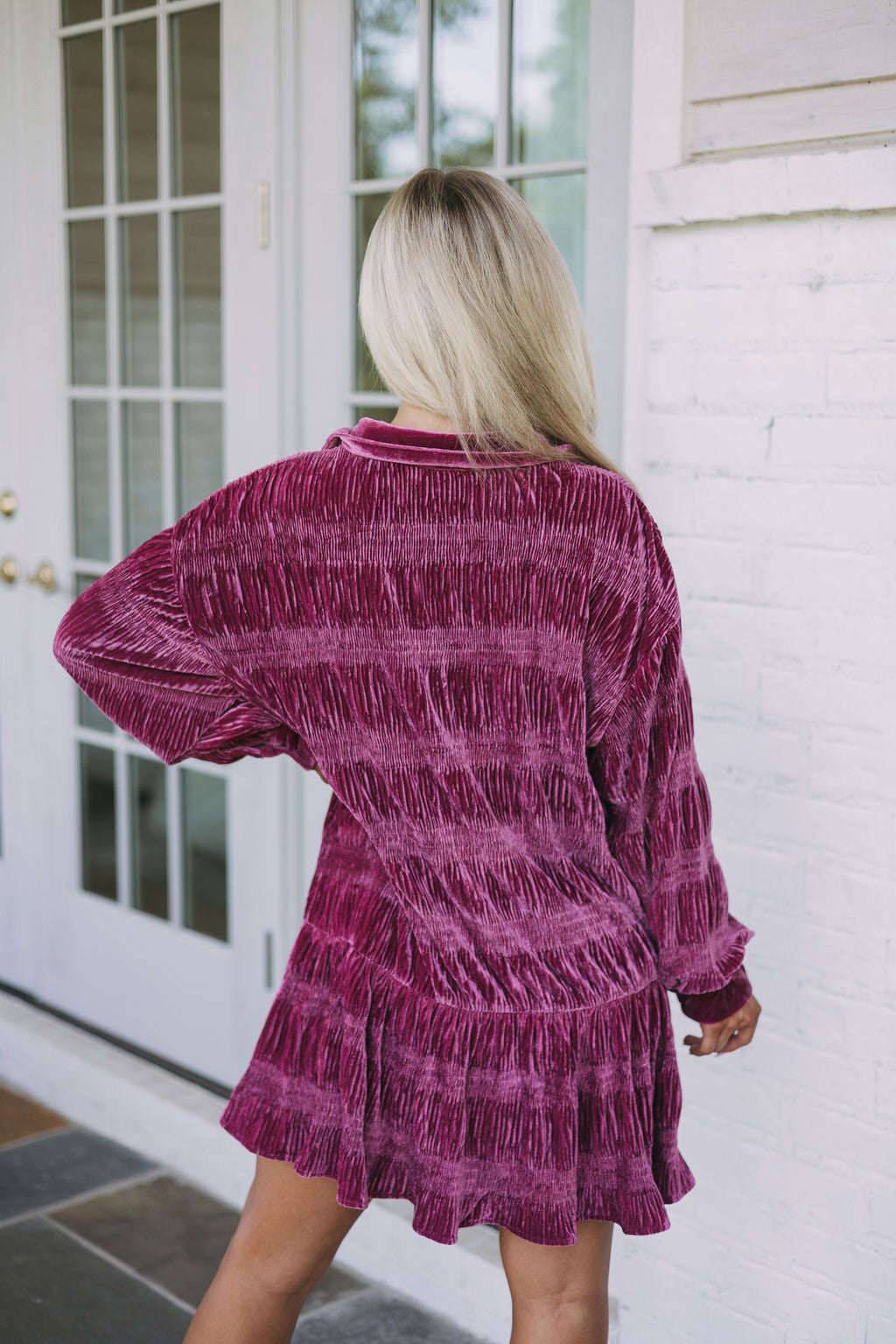 Velour Textured Shirt Dress-Dark Mauve