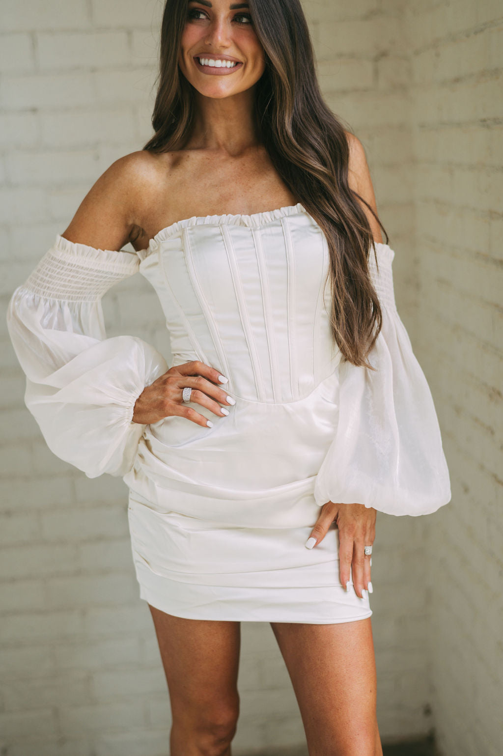 Off the Shoulder Corset Dress-Cream