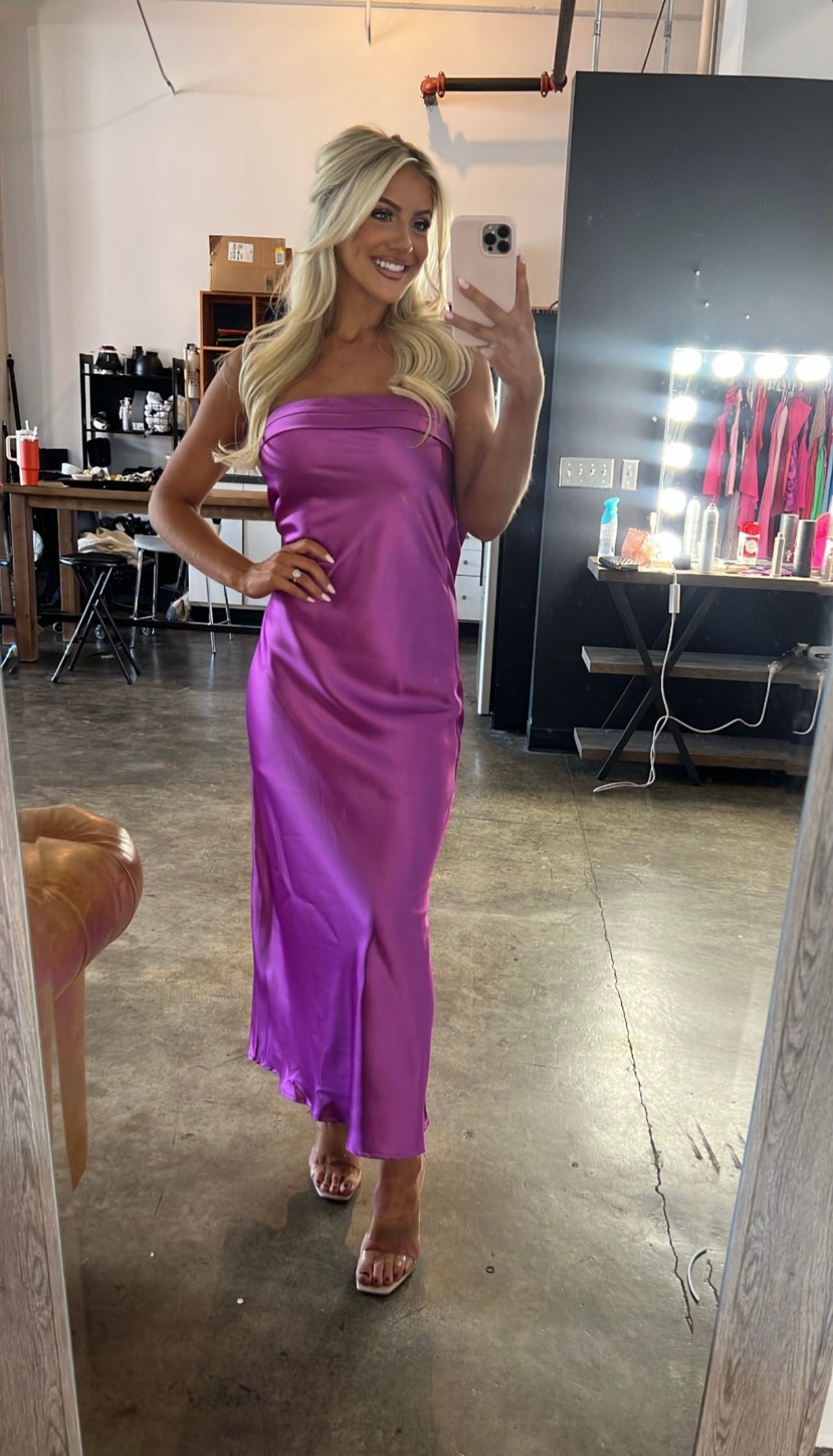 Satin Foldover Strapless Gown Magenta