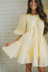 Organza Puff Sleeve Dress-Yellow