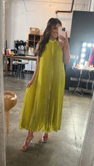 Halter Neck Pleated Midi Dress Chartreuse