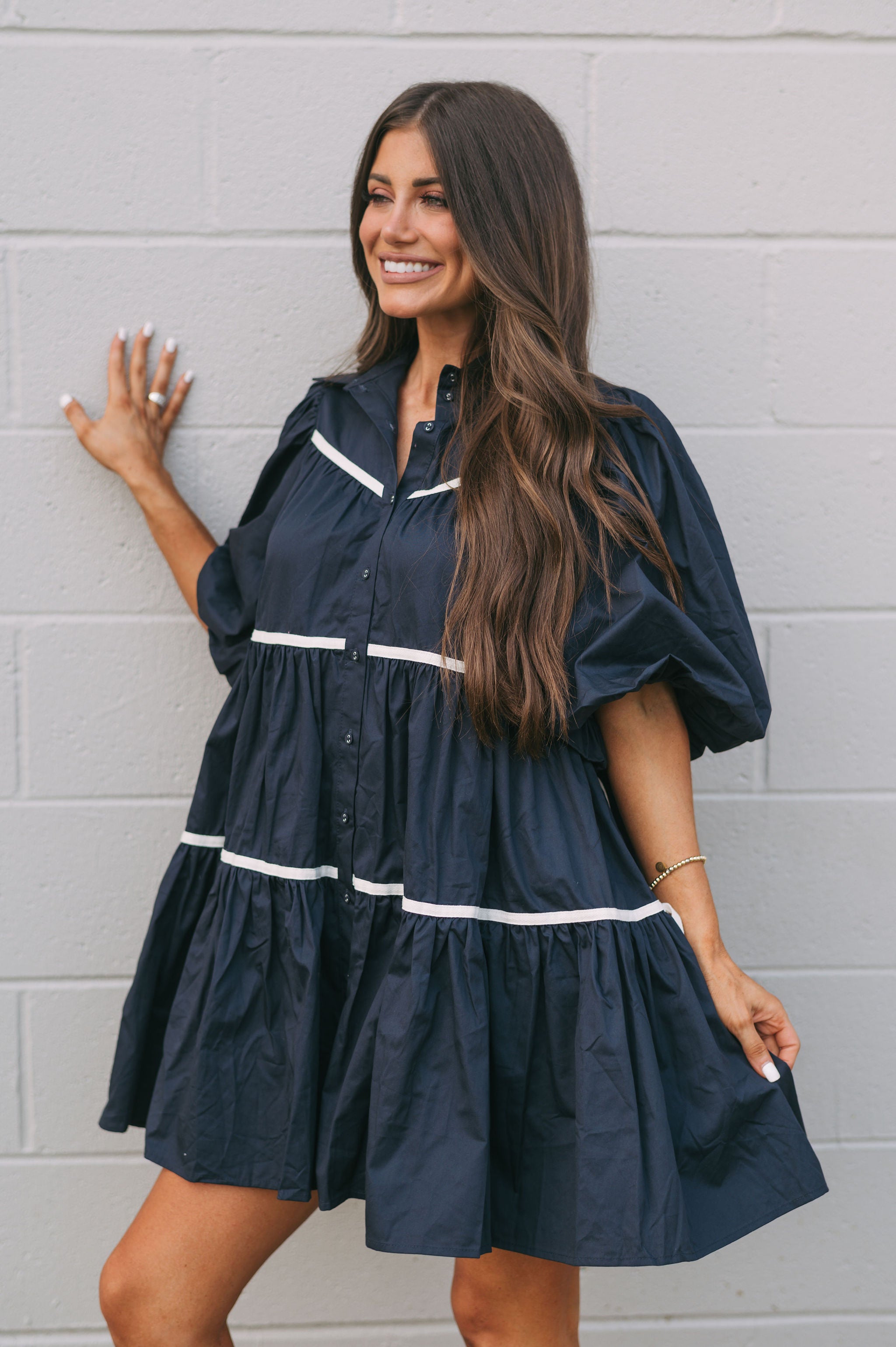 Poplin Tiered Dress Navy