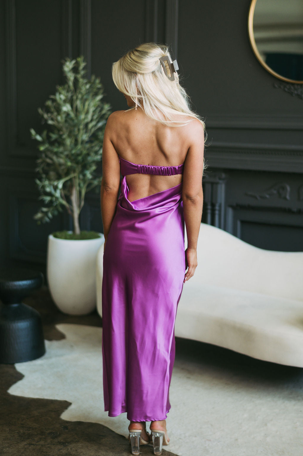 Satin Foldover Strapless Gown Magenta