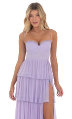 Mesh Ruffle Maxi Dress in Lavender