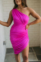 One Shoulder Asymmetrical Dress-Magenta