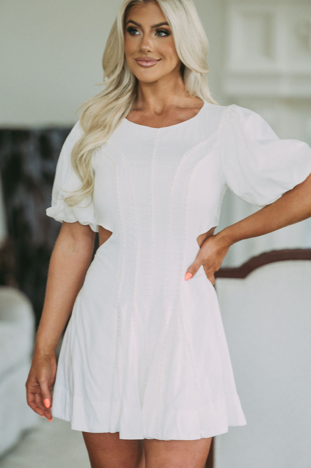 Pearl Trim Linen DressOff White