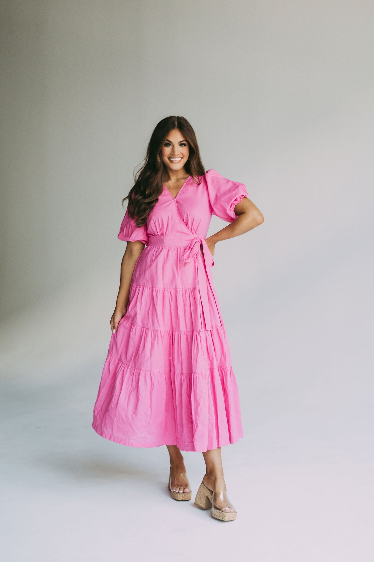 Puff Sleeve Midi Wrap Dress-Pink