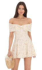 Front Bow Floral Off Shoulder Dress in Cream