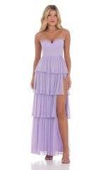 Mesh Ruffle Maxi Dress in Lavender