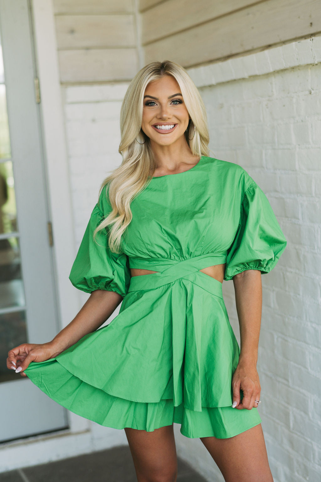 Puff Sleeve Cut Out Dress Green