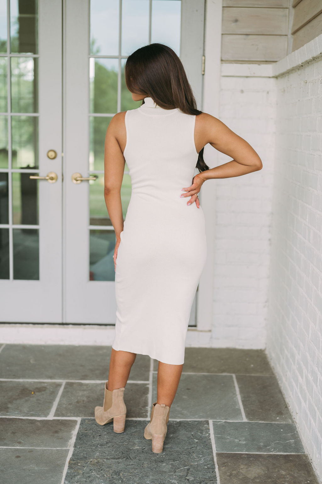 Mock Neck Midi Dress Cream