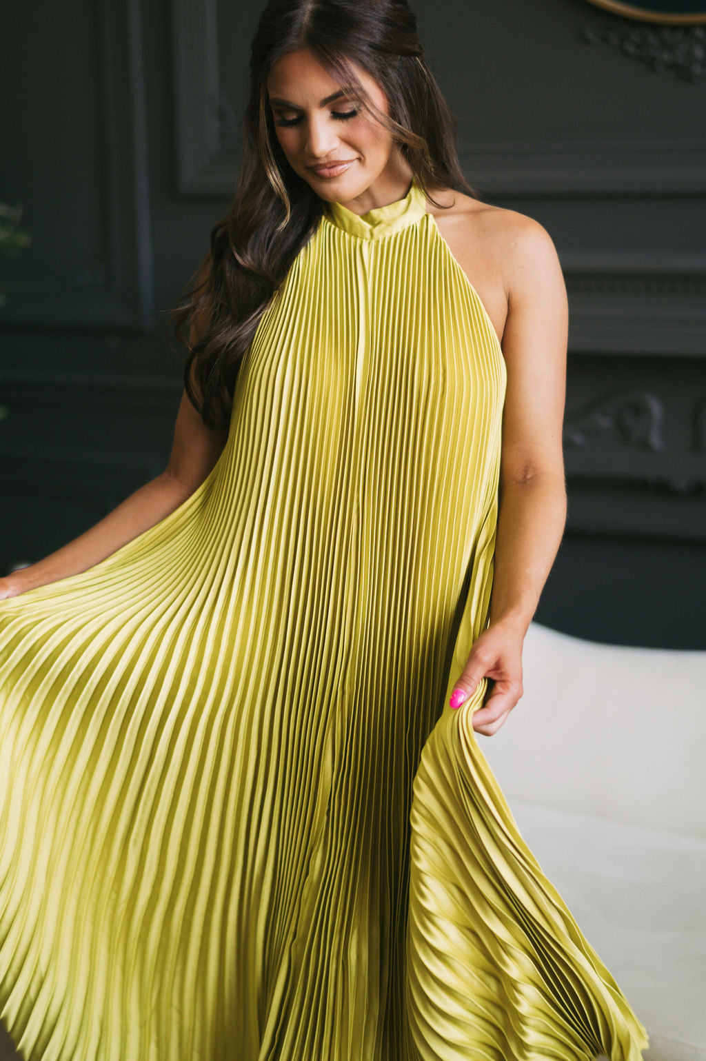 Halter Neck Pleated Midi Dress Chartreuse