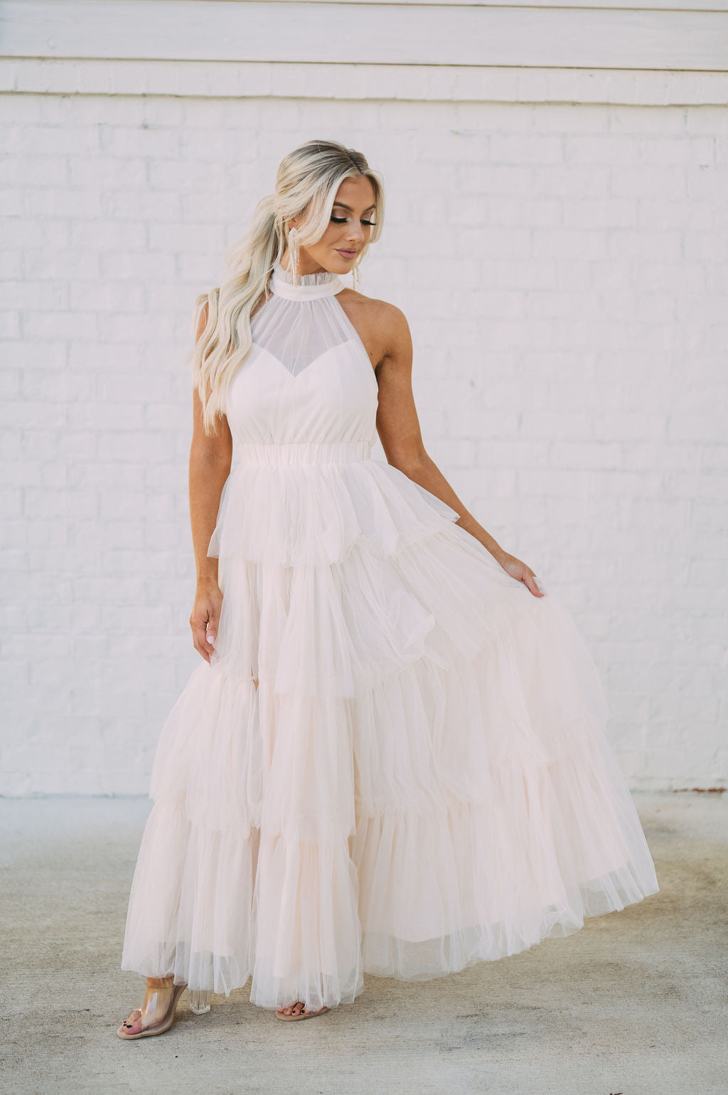 Tiered Tulle Maxi Dress-Cream