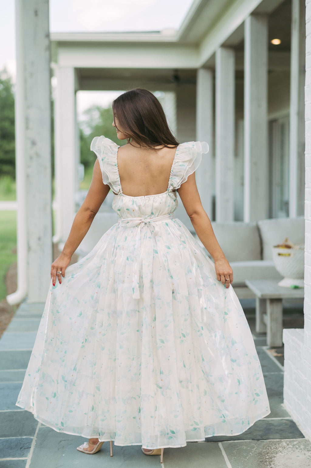 Organza Floral Maxi Dress-Cream/Green