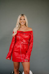 Leather Moto Dress Red