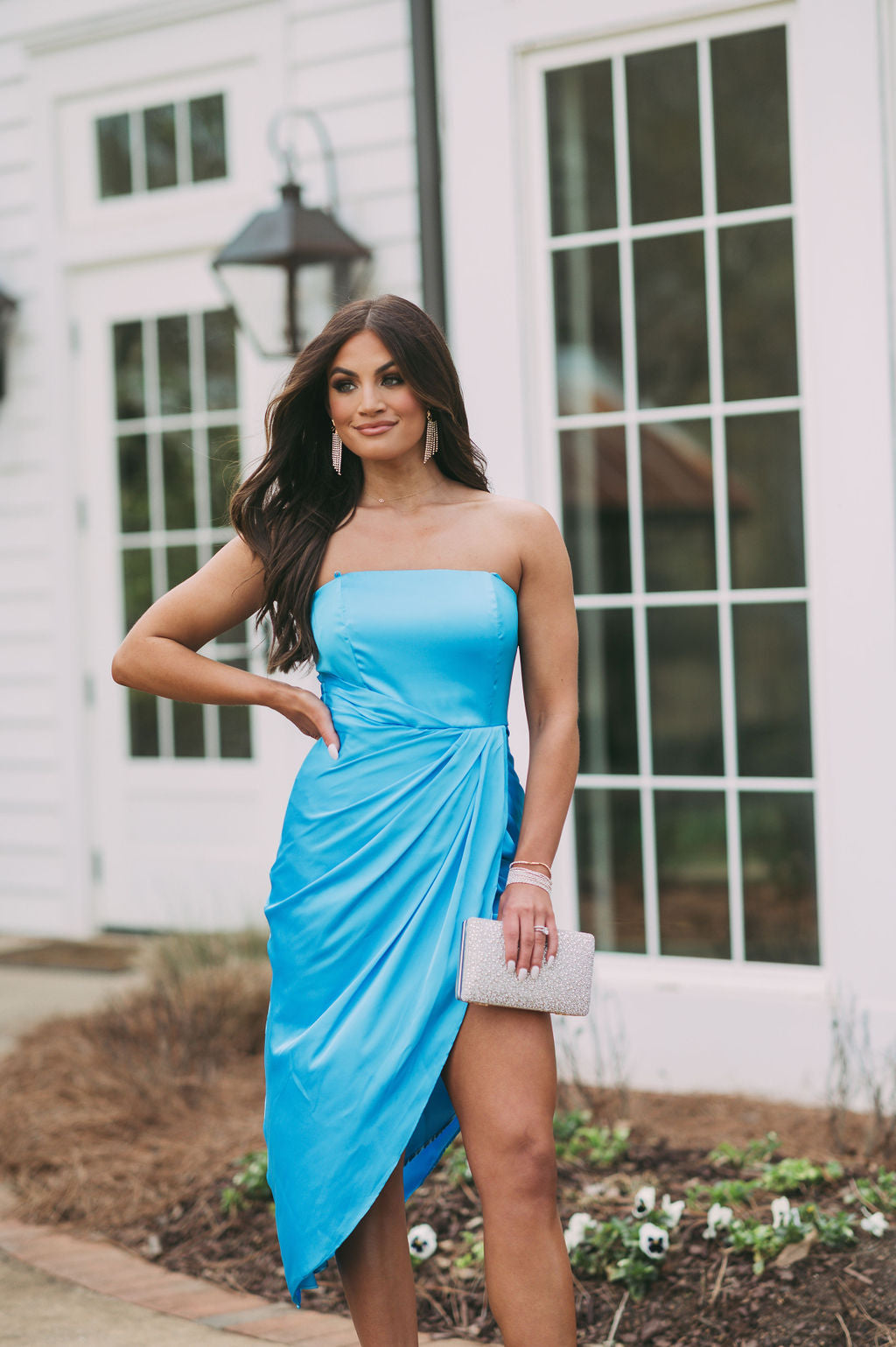 Side Draped Satin DressBlue