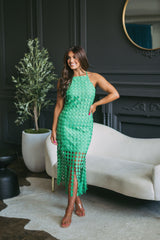 Circular Fringed Midi Dress-Green