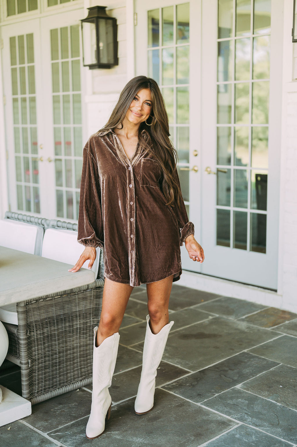 Velvet Button Down Dress-Brown