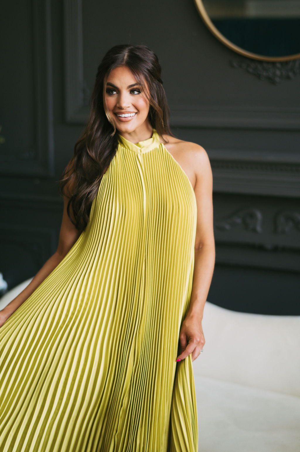 Halter Neck Pleated Midi Dress Chartreuse