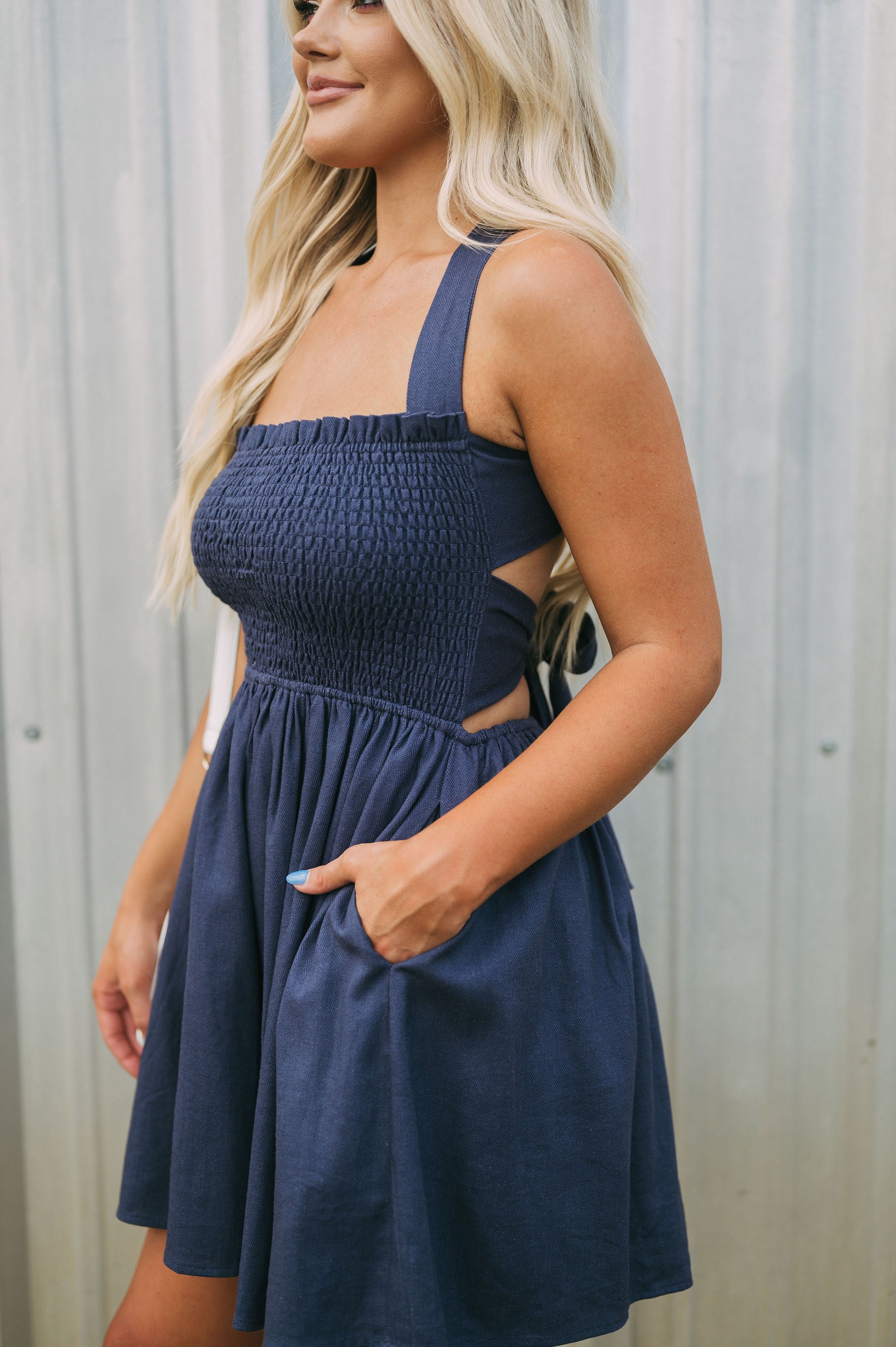 Criss Cross Back Linen Dress-Navy