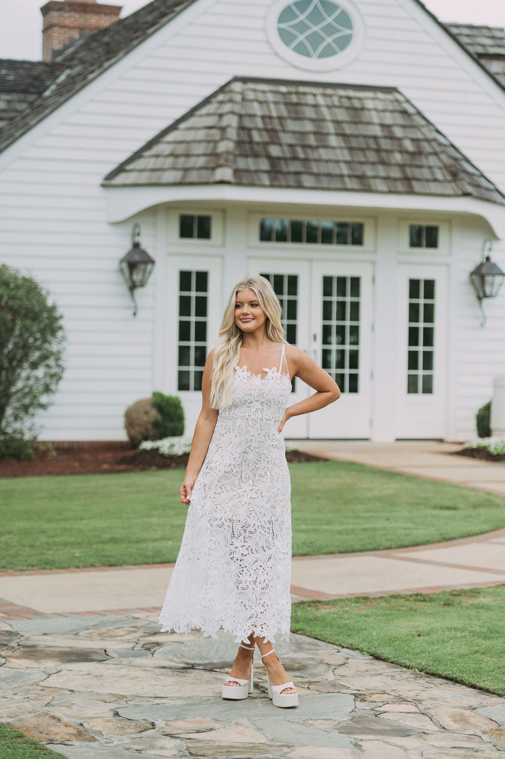 Crochet Strappy Midi Dress-White