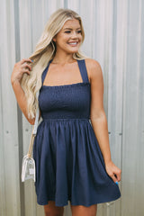 Criss Cross Back Linen Dress-Navy