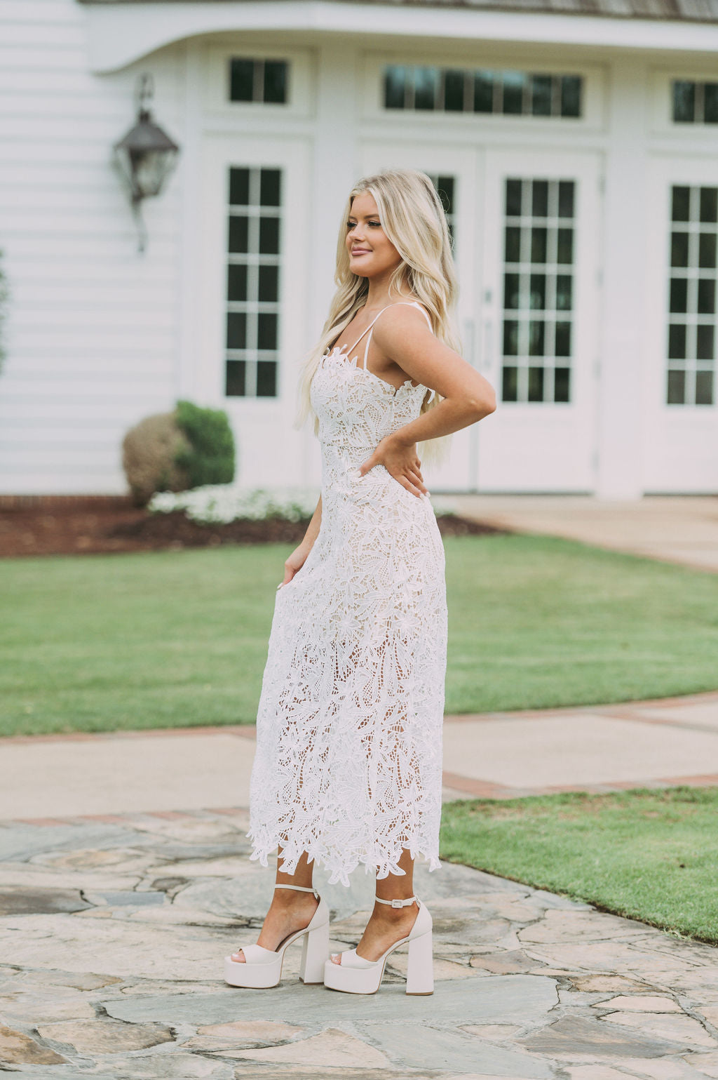 Crochet Strappy Midi Dress-White