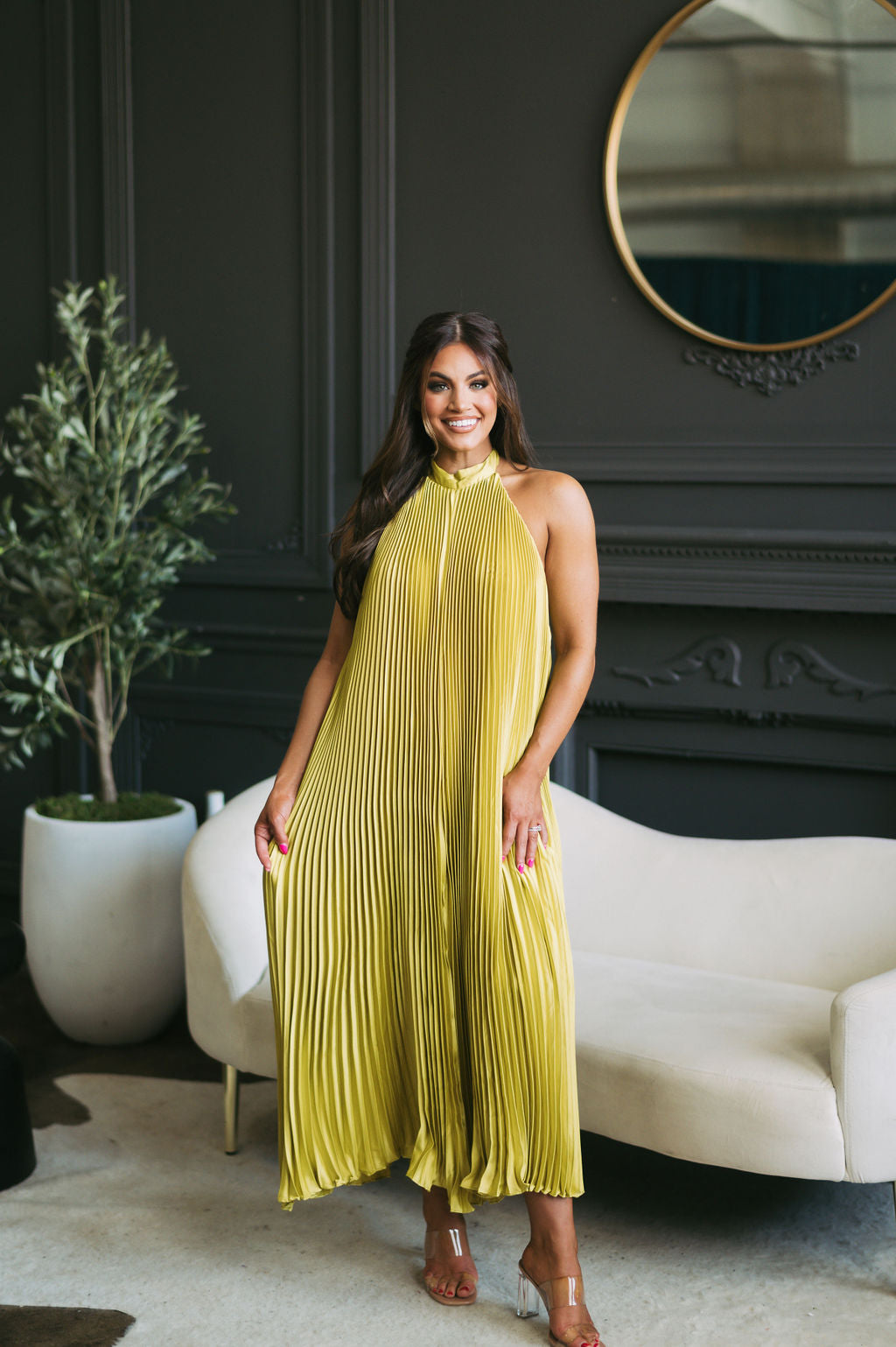 Halter Neck Pleated Midi Dress Chartreuse