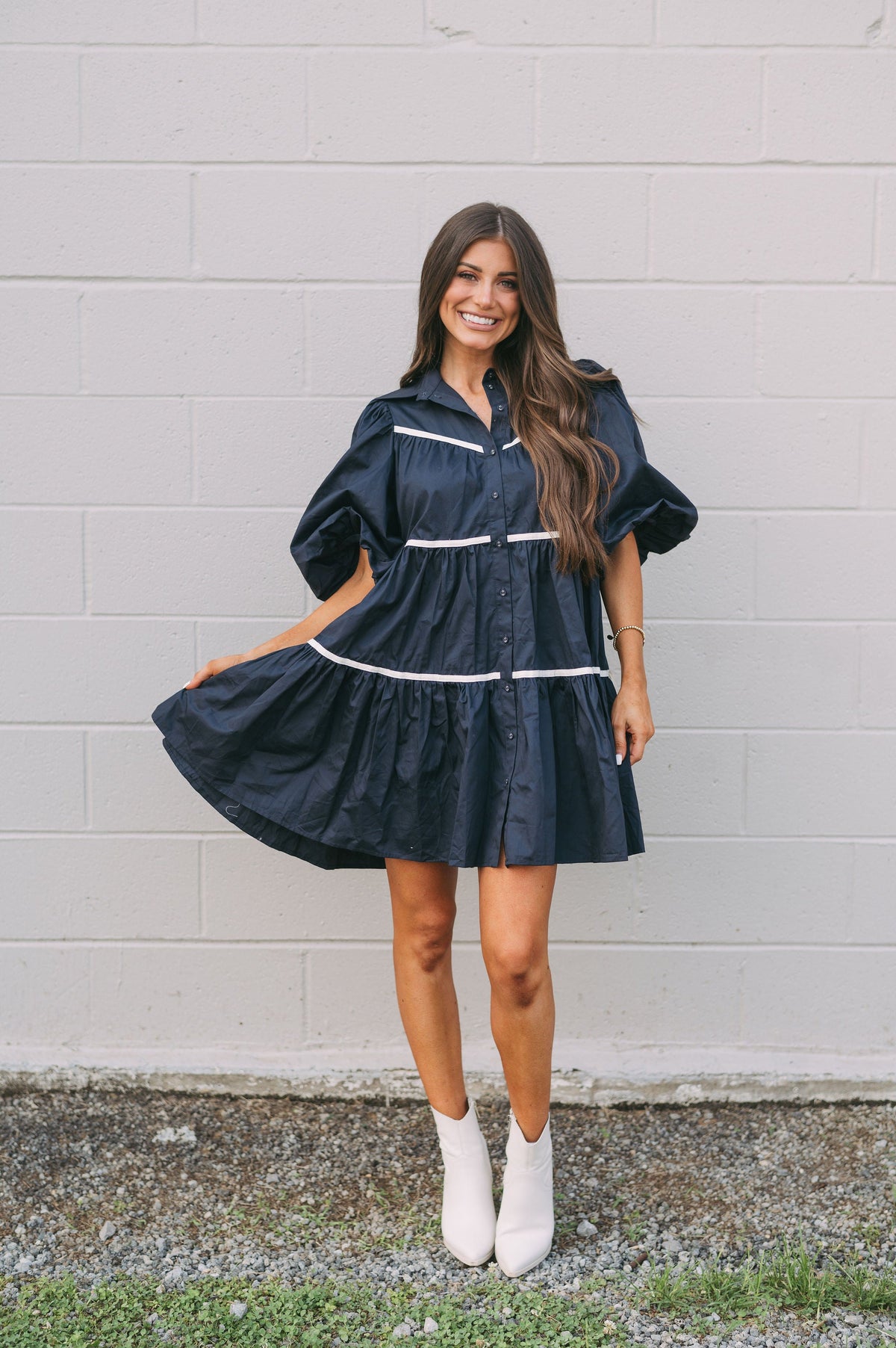 Poplin Tiered Dress Navy