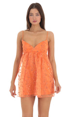 Sequin Floral Babydoll Dress in Orange