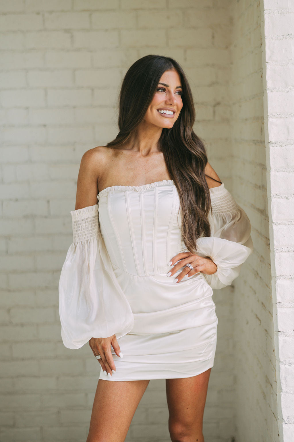 Off the Shoulder Corset Dress-Cream