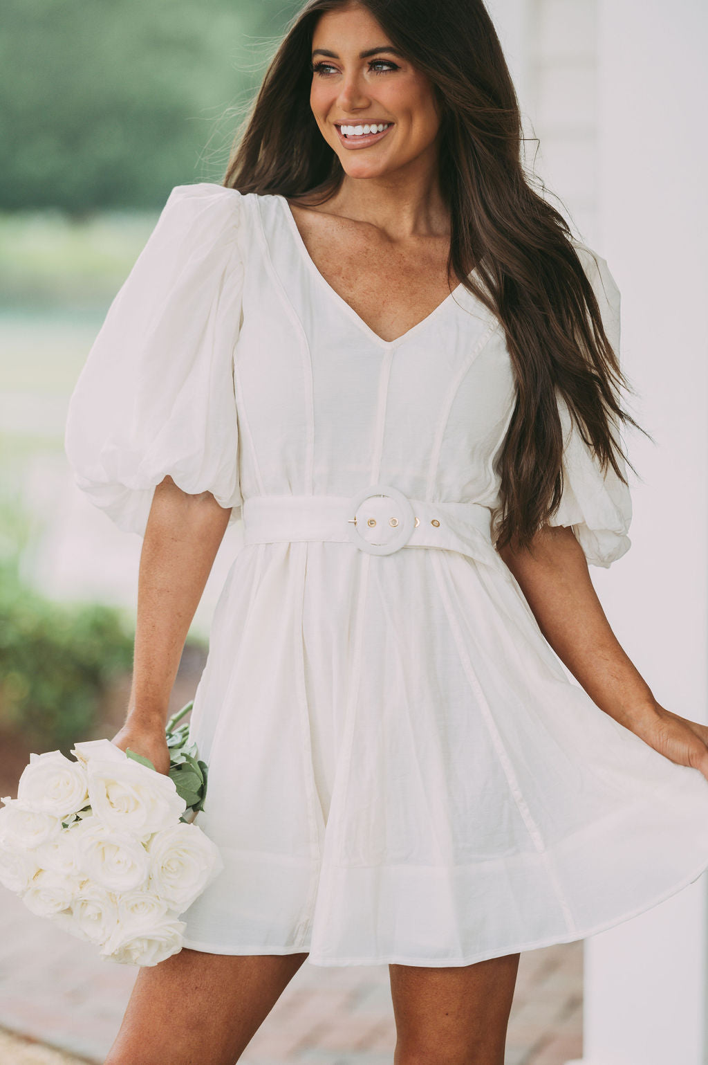 Belted Puff Sleeve Dress-Cream