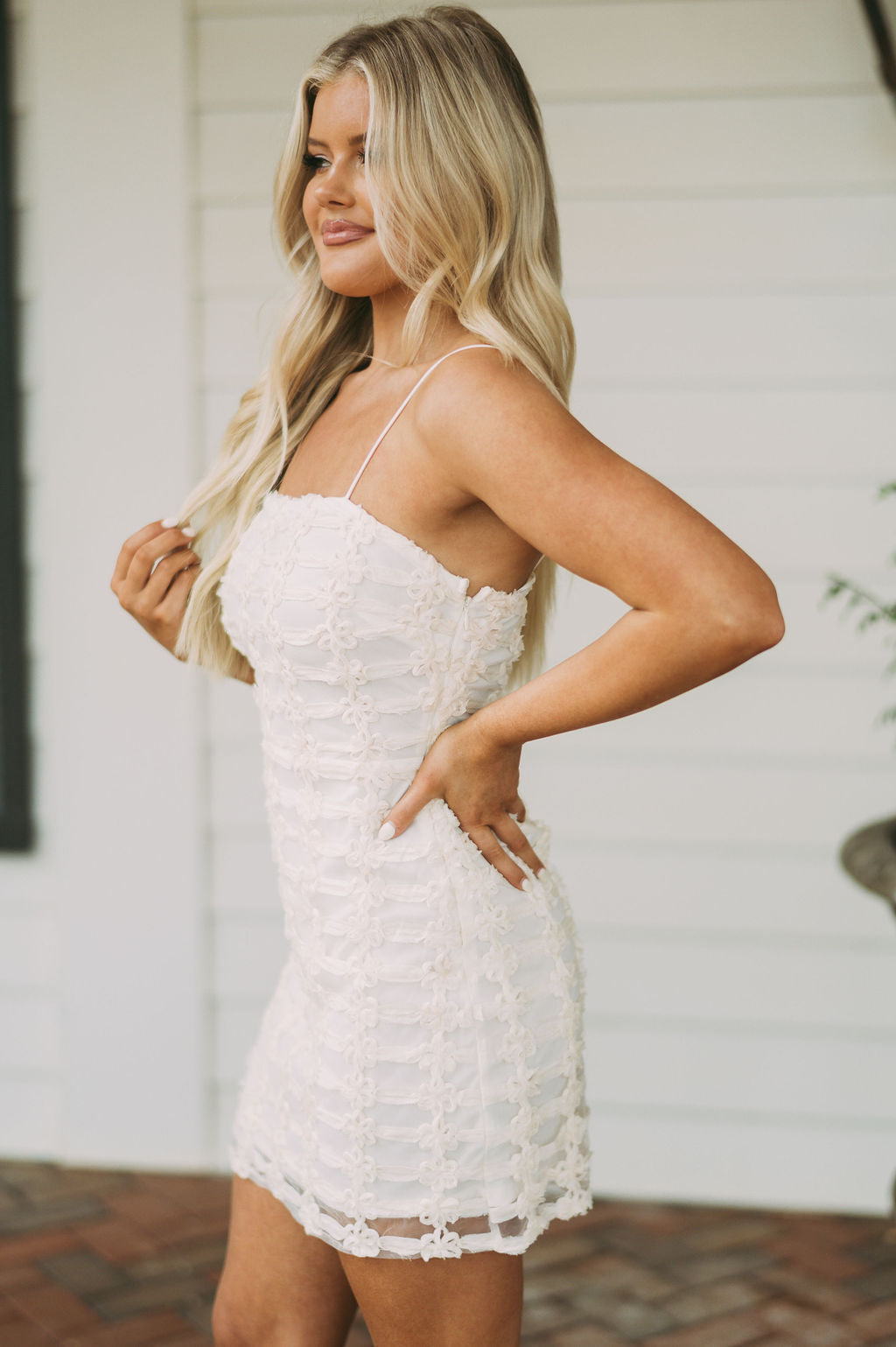 Flower Textured Mini Dress-Cream