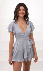 Wrap Dress in Silver Blue Satin