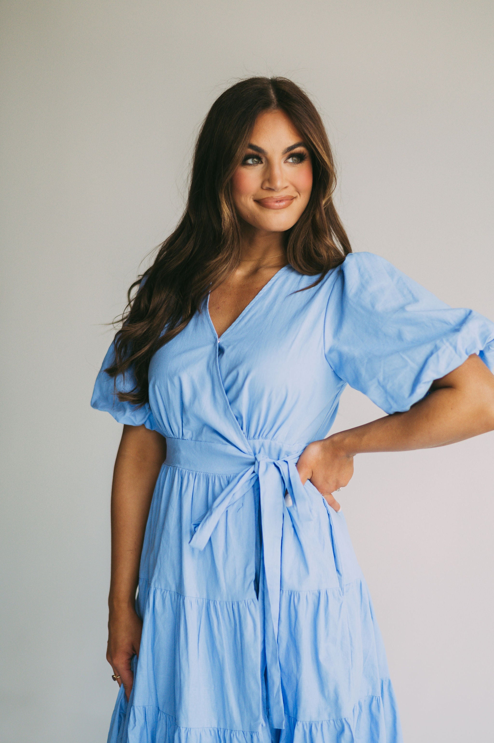 Puff Sleeve Midi Wrap Dress-Blue