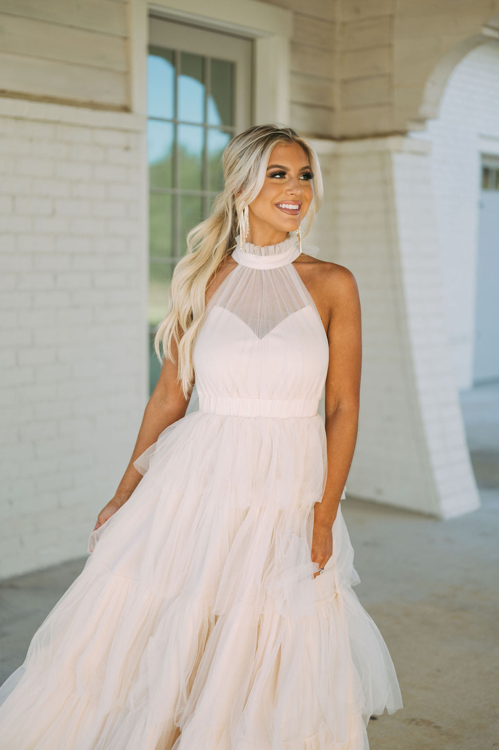 Tiered Tulle Maxi Dress-Cream