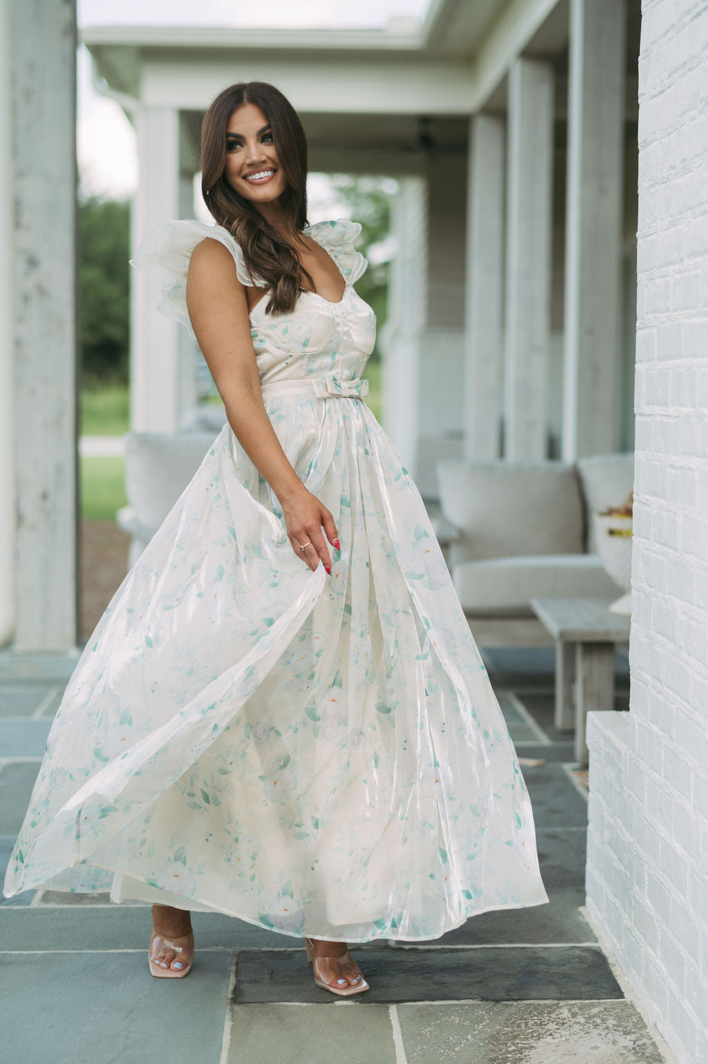 Organza Floral Maxi Dress-Cream/Green