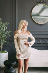 Long Sleeve OTS Satin Dress-Champagne