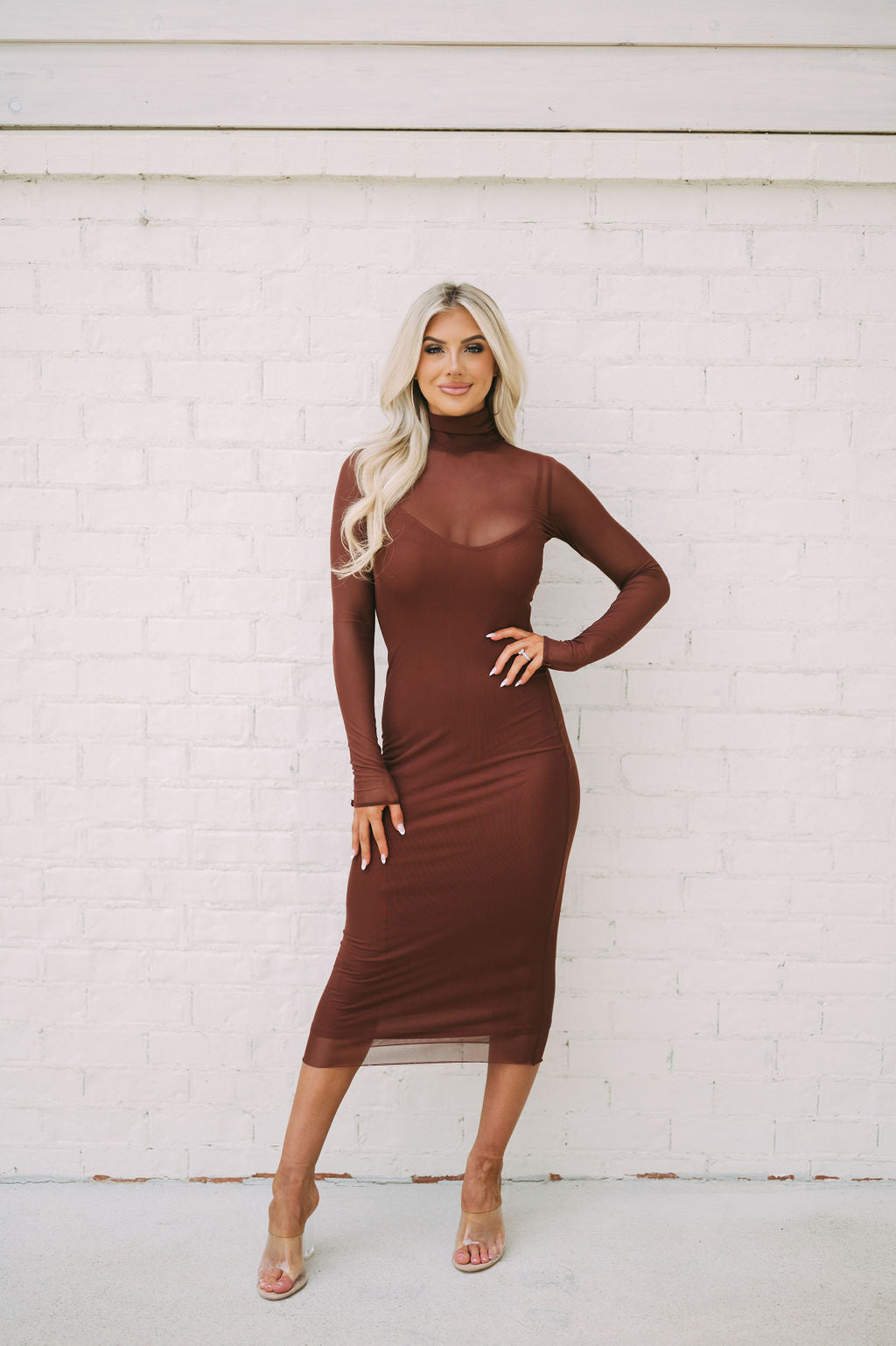 Mock Neck Mesh Midi Dress Brown