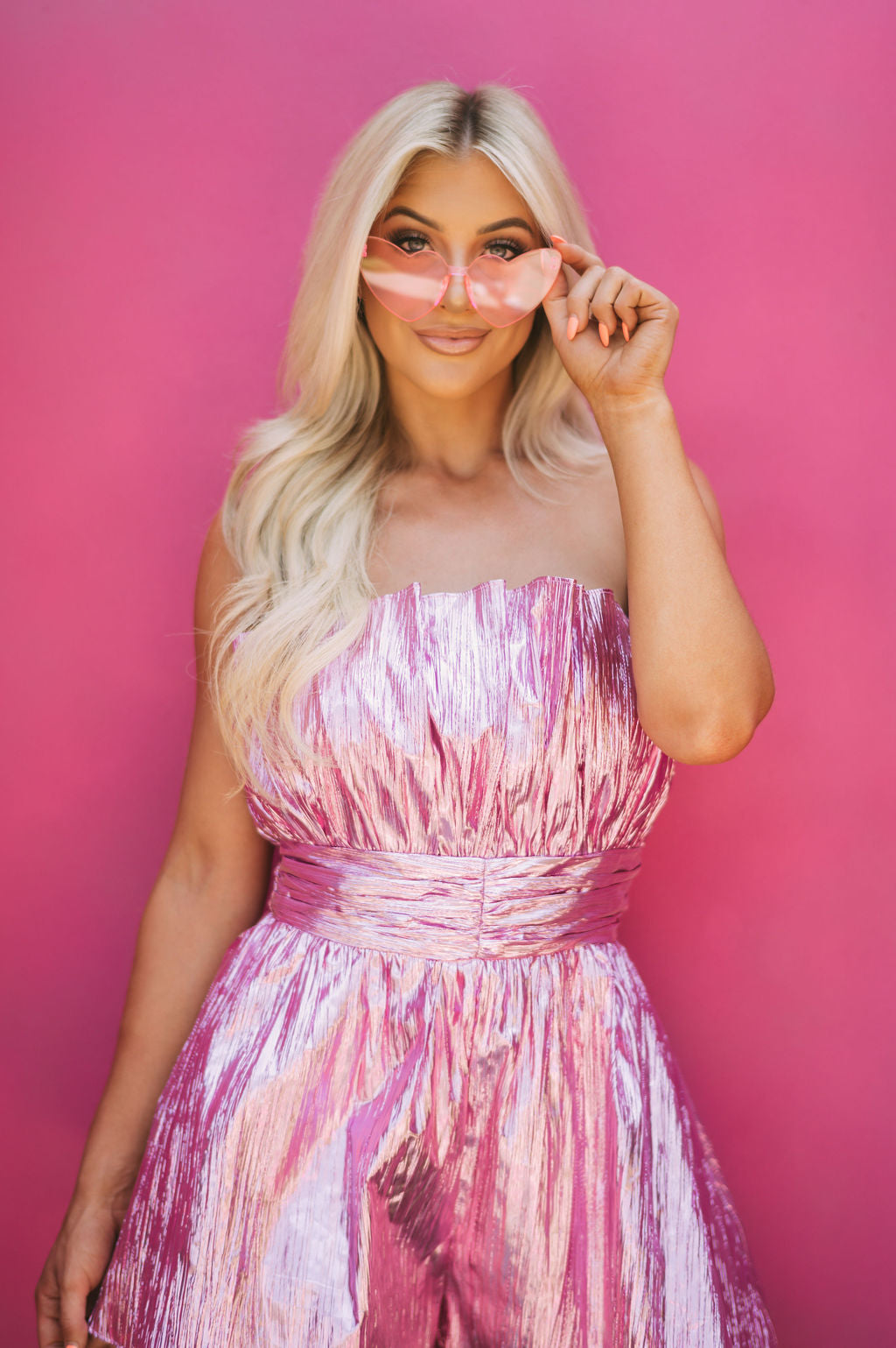 Pleated Metallic Strapless Romper Pink